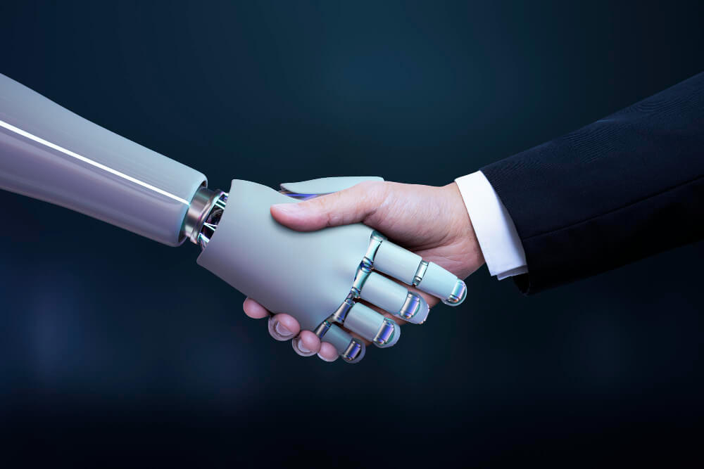 Biznesowy Uscisk Dloni Robota Recznego Cyfrowa Transformacja Sztucznej Inteligencji 1