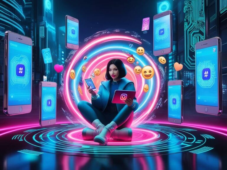 Default A Futuristic Social Media Influencer Sitting In A Neon 2