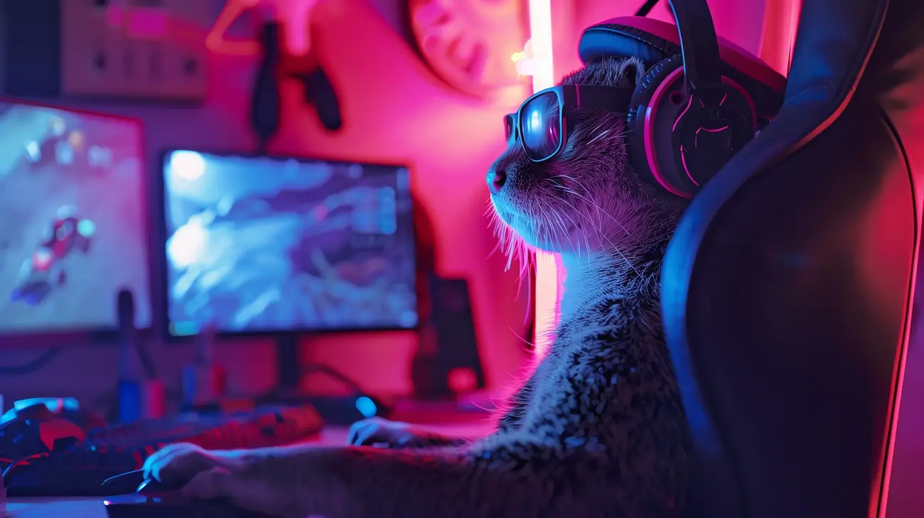 Cat Wearing Headphones Glasses Is Sitting Computer Playing Video Game