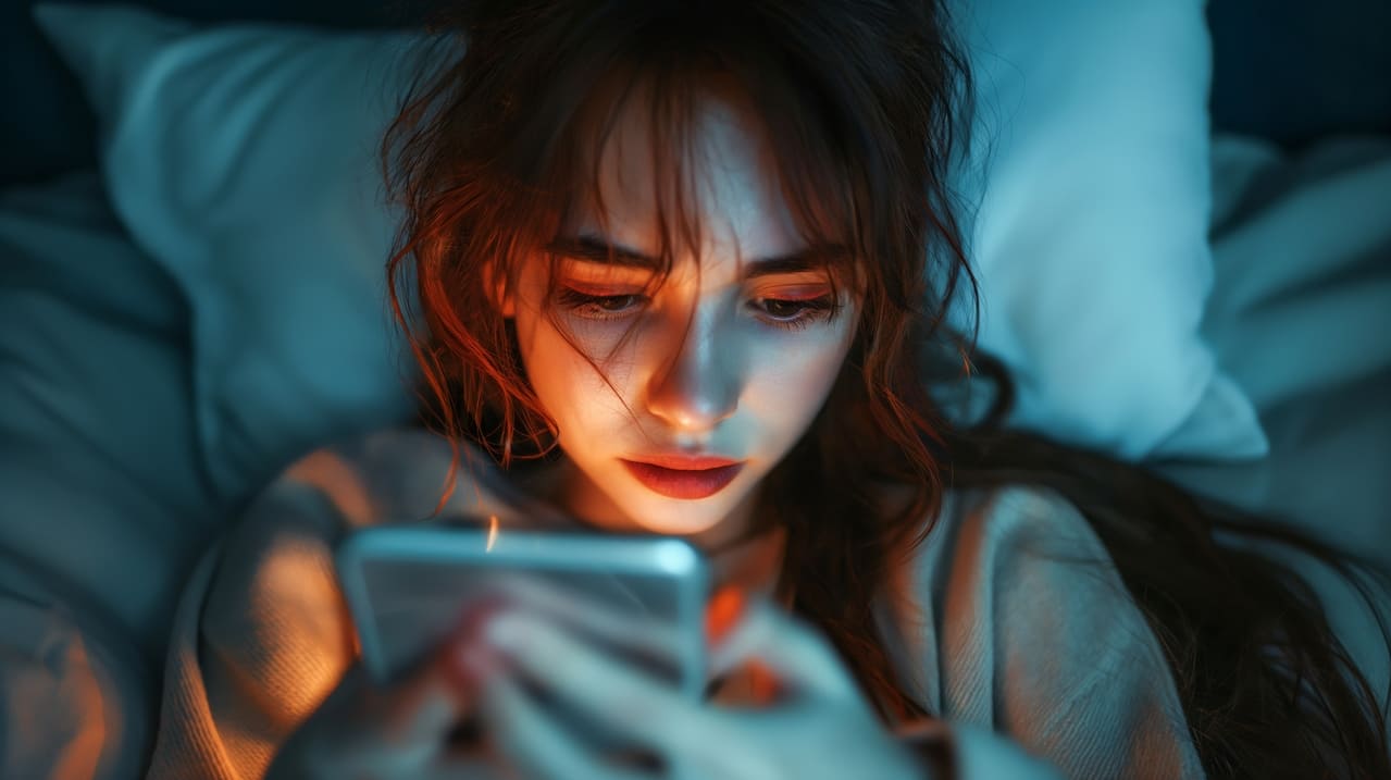 Young Woman Bed Holding Her Phone Looking Screen With Tired Eyes 1 1